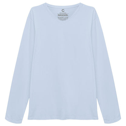 Camiseta Básica Gola V Manga Longa Masculina - Azul Capri