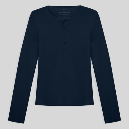 Camiseta Conforto Ml Gola C Plus Feminina - Azul Marinho