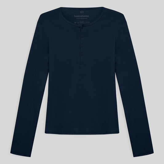 Camiseta Conforto Ml Gola C Plus Feminina - Azul Marinho