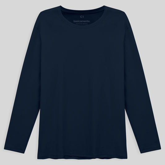 Camiseta Conforto Ml Gola C Plus Masculina - Azul Marinho