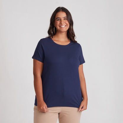 Camiseta Cotton Slim Gola C Plus Feminino - Azul Marinho