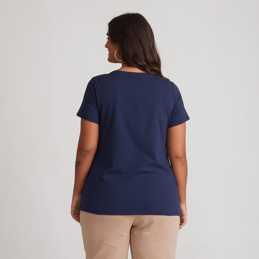 Camiseta Cotton Slim Gola C Plus Feminino - Azul Marinho