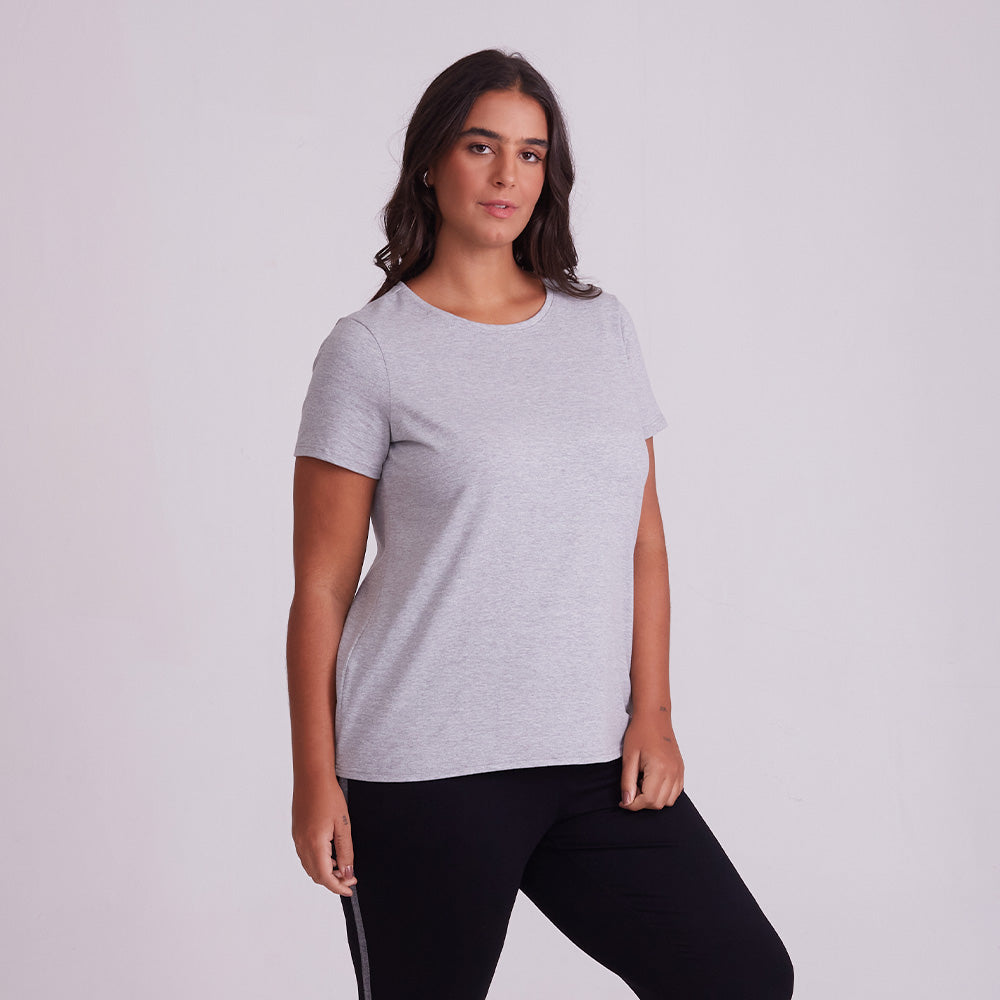 Camiseta Cotton Slim Gola C Plus Feminino - Mescla Claro