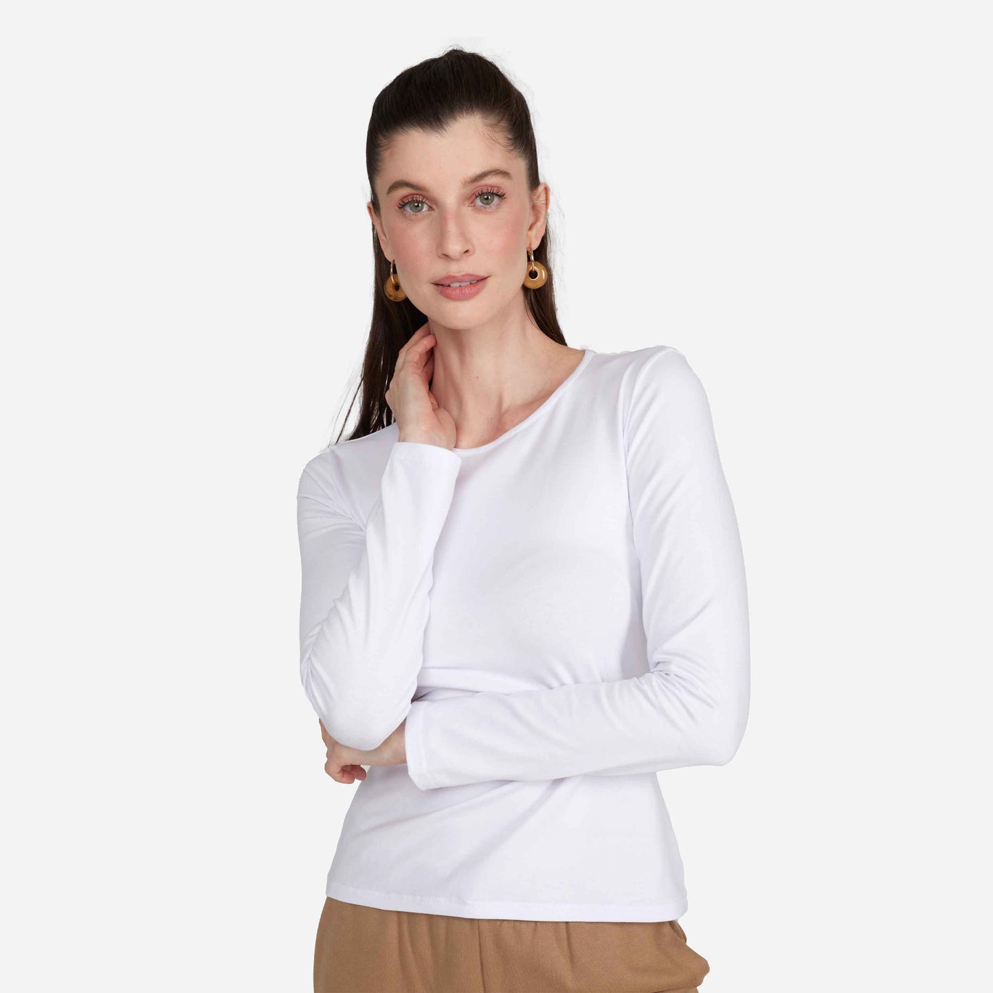 Camiseta Cotton Slim Manga Longa Gola C Feminina - Branco