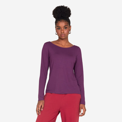 Camiseta Manga Longa Gola Canoa Feminina - Berinjela