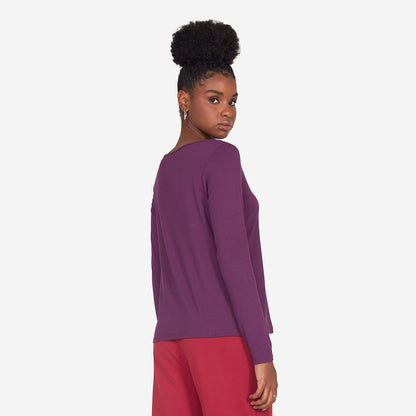 Camiseta Manga Longa Gola Canoa Feminina - Berinjela