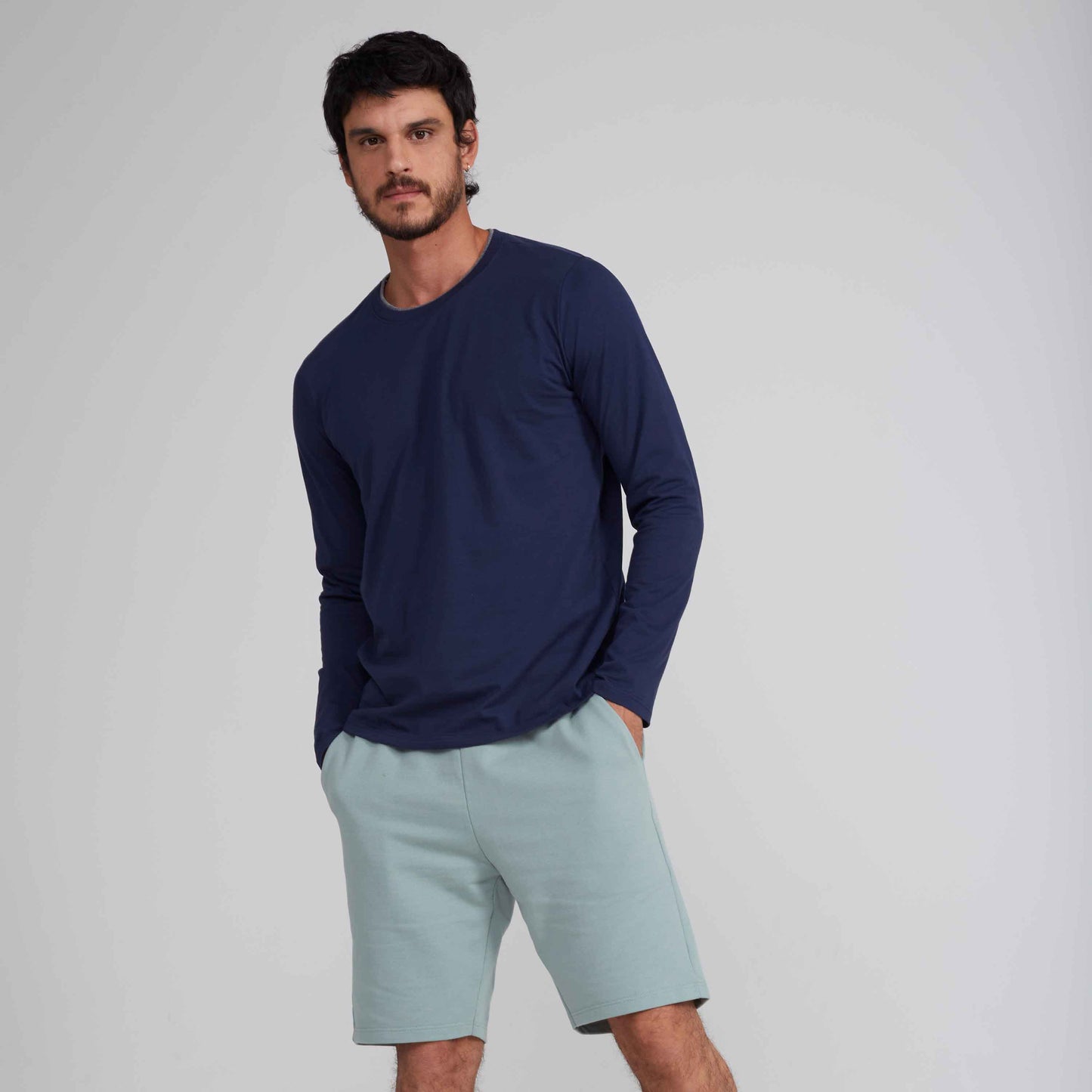 Camiseta Manga Longa Gola Dupla Masculina - Azul Marinho