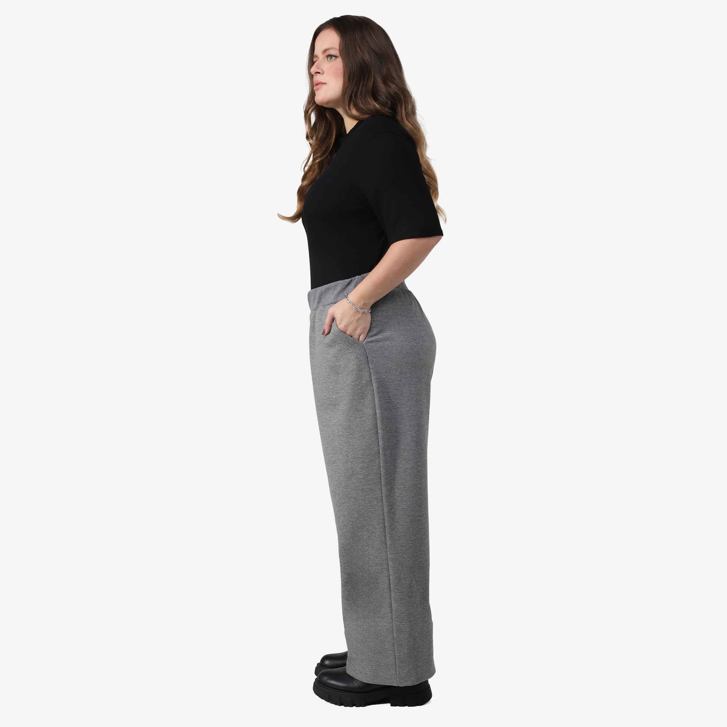 Calça Wide Tech Impermeável Moletom Flanelado Plus Feminina - Mescla Escuro