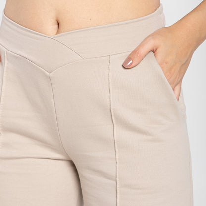 Calça Wide Moletom Tech Impermeável Cós Transpassado - Bege Aveia