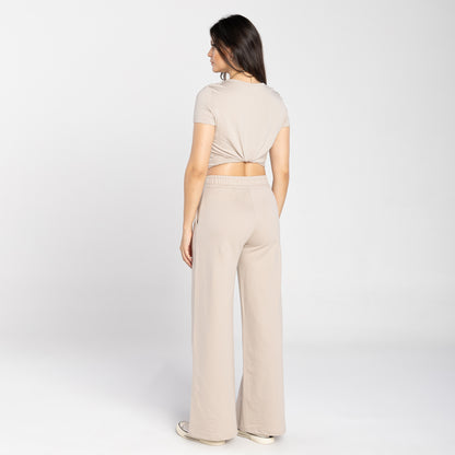 Calça Wide Moletom Tech Impermeável Cós Transpassado - Bege Aveia