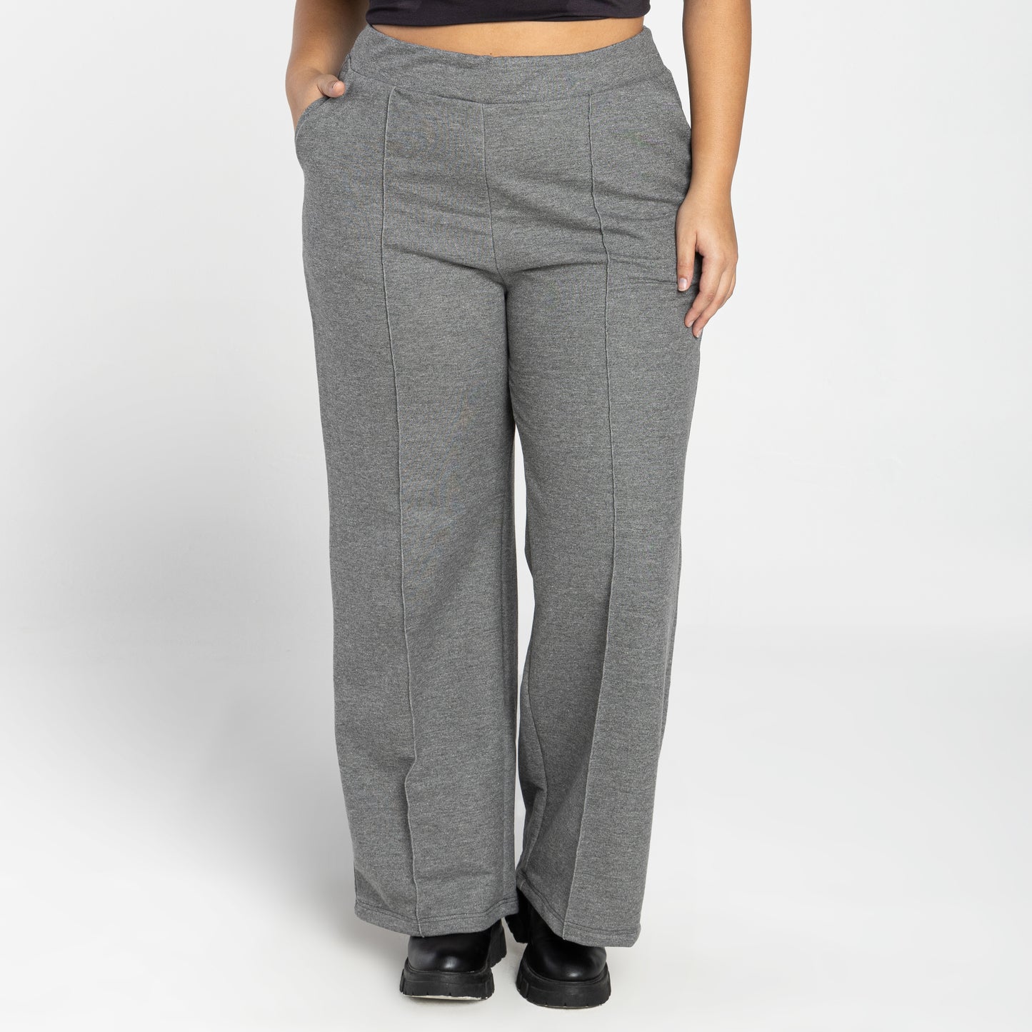 Calça Wide Moletom Tech Impermeável Friso Plus - Mescla Escuro