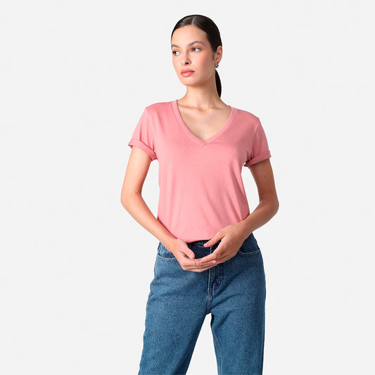 Camiseta Pima Gola V Feminina | Life Collection - Rose