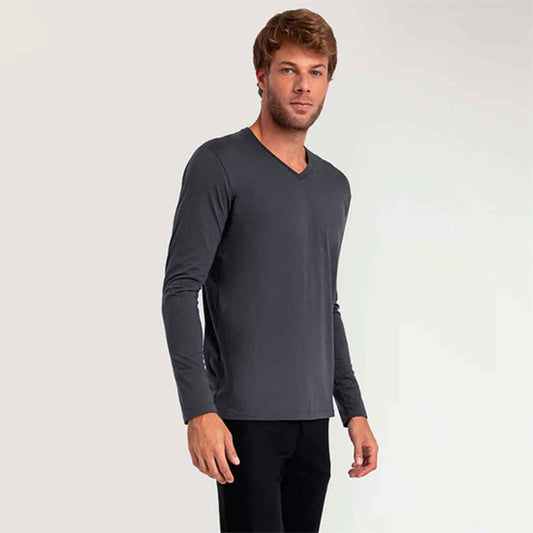 Camiseta Pima Gola V Manga Longa Masculina | Life Collection - Grafite