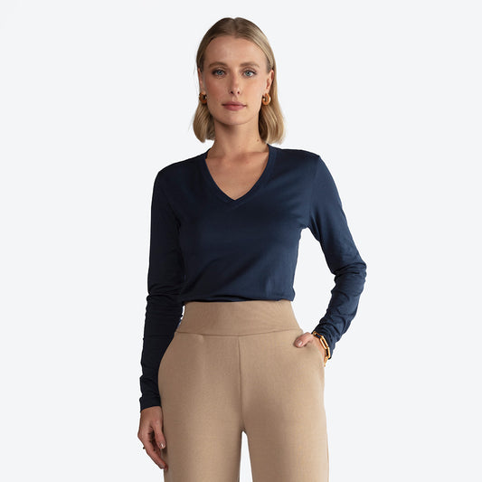 Camiseta Perfeita Pima Manga Longa Gola V Feminina - Azul Marinho