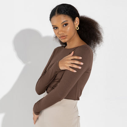 Undershirt Micromodal Manga Longa Feminina - Marrom
