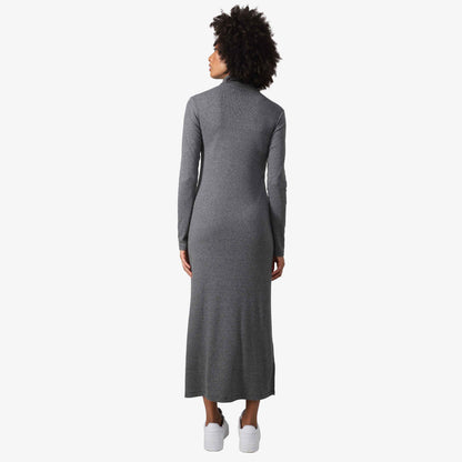 Vestido Midi Canelado Algodão Gola Rolê - Mescla Escuro