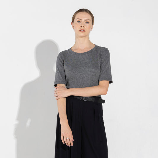 Blusa Algodão Canelado Manga Curta Feminina - Mescla Escuro