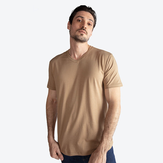 Camiseta Pima Gola V Masculina | Life Collection - Bege Pastel