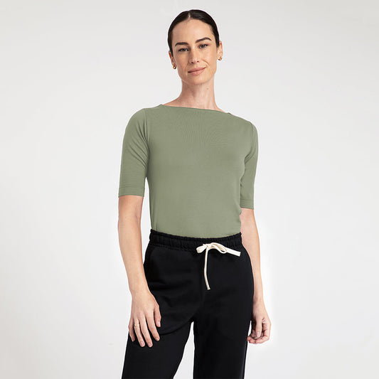 Blusa Cotton Pima Decote Reto Meia Manga Feminina - Verde Jade