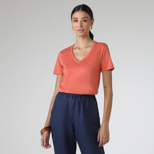 Camiseta Algodão Premium Gola V Feminina | Everyday Collection - Marrom Telha