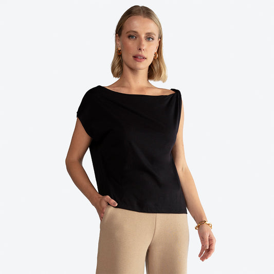 Blusa Algodão Ultraleve Assimétrica Feminina - Preto