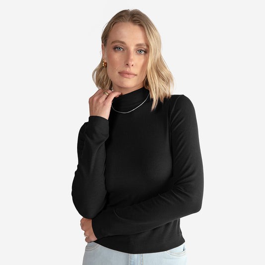 Blusa Canelada Viscose Gola Alta Feminina - Preto