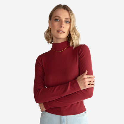 Blusa Canelada Viscose Gola Alta Feminina - Marsala