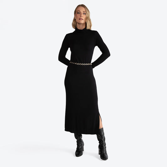 Vestido Midi Canelado Viscose Gola Rolê - Preto