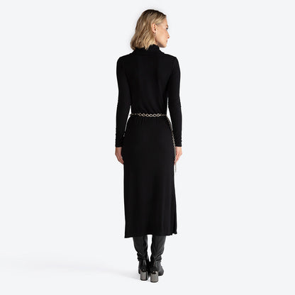 Vestido Midi Canelado Viscose Gola Rolê - Preto