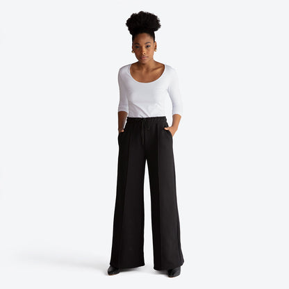 Calça Wide Leg Moletom Felpa Feminina - Preto