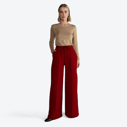 Calça Wide Leg Moletom Felpa Feminina - Marsala